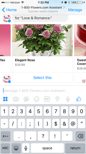 Kunder kan let gennemse og vælge produkter fra 1-800-Flowers chatbot.