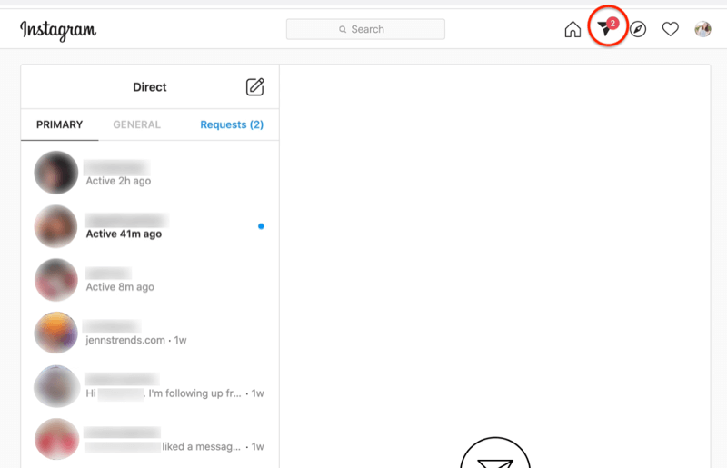 skærmbillede af instagram direkte besked dashboard med papir-fly ikonet fremhævet