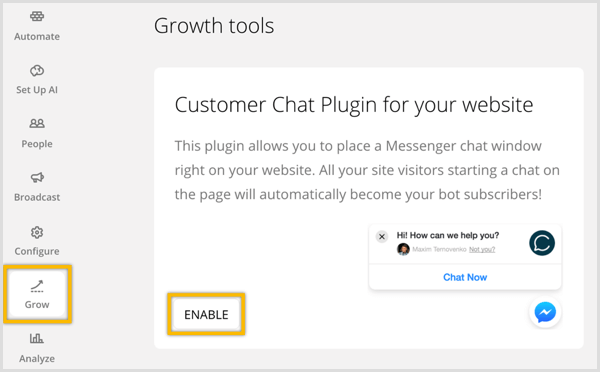 ChatFuel aktiverer kundechat-plugin