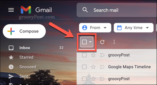 Afkrydsningsfeltikonet for at vælge e-mails i Gmail