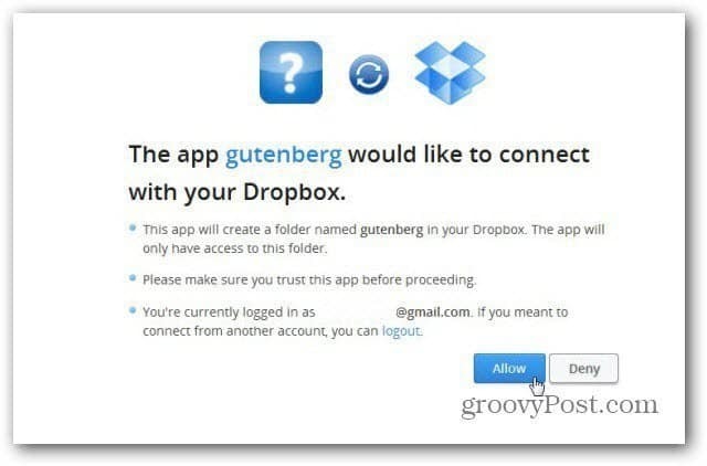 projekt Gutenberg oprette forbindelse til dropbox