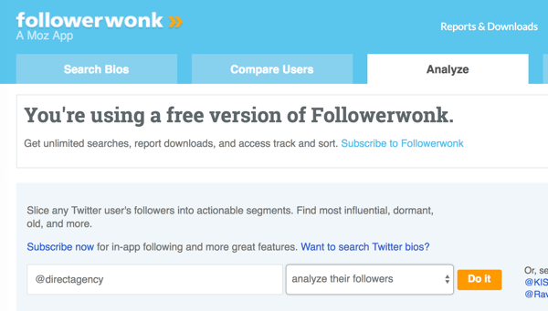 Vælg den Twitter-konto, du vil analysere med Followerwonk.