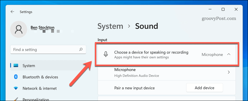 Valg af en lydinputenhed på Windows 11