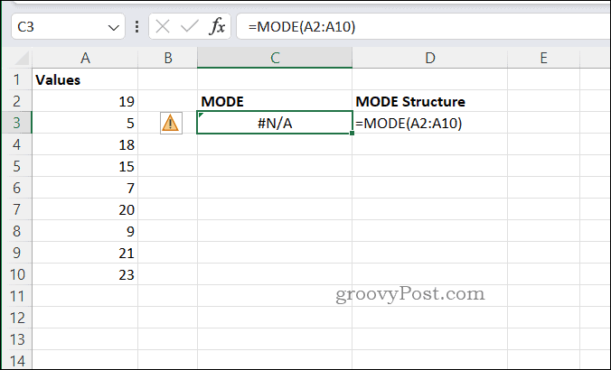 Eksempel NA-fejl for MODE i Excel