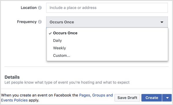 vælg interval fra frekvensmenuen for at oprette tilbagevendende begivenhed med Facebook-siden