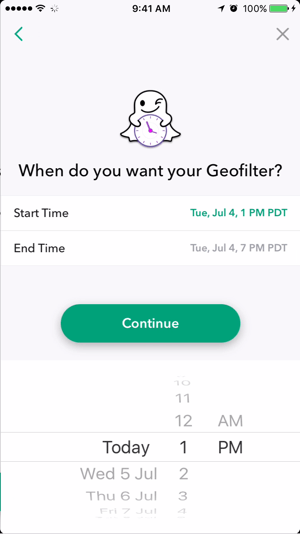 Vælg en dato og et klokkeslæt for dit Snapchat-geofilter for at være aktivt.