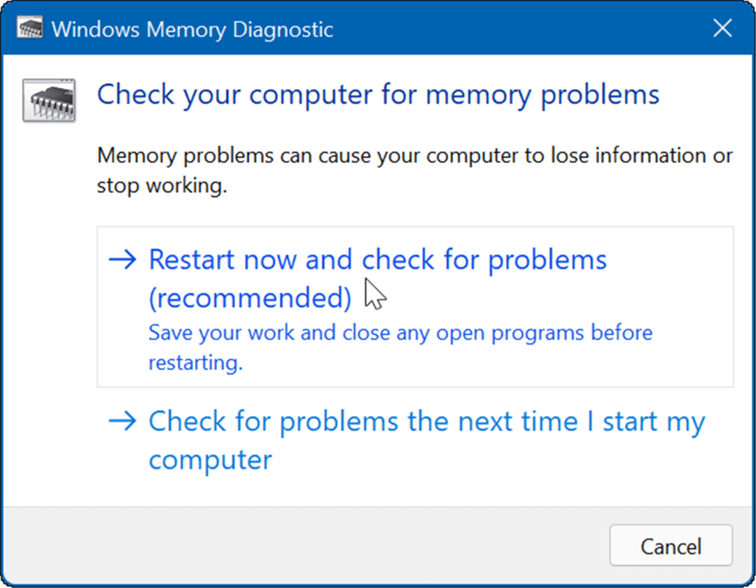 Windows-hukommelsesdiagnose genstart og kontroller