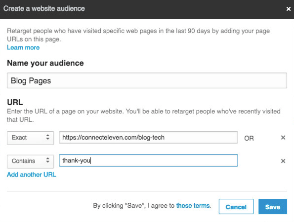 Du kan tilføje flere webadresser for at retarget med LinkedIn Matchede målgrupper.
