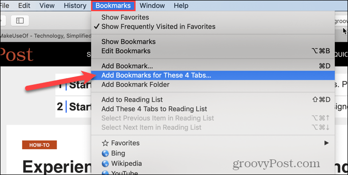 Vælg Tilføj bogmærker til disse X faner i Safari