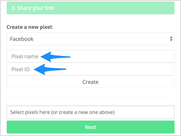 Indtast dit pixelnavn og pixel-id i Meteor.link.
