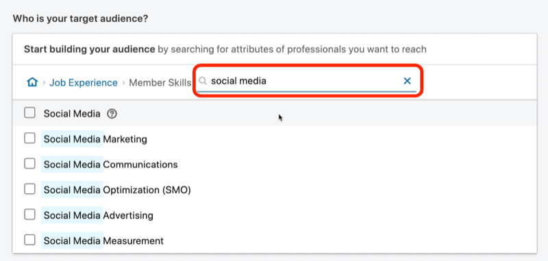skærmbillede af søgeresultaterne for 'sociale medier' ​​medlems færdigheder på LinkedIn