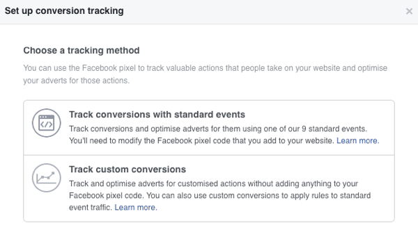 Du kan vælge mellem to konverteringssporingsmetoder til Facebook-annoncer.
