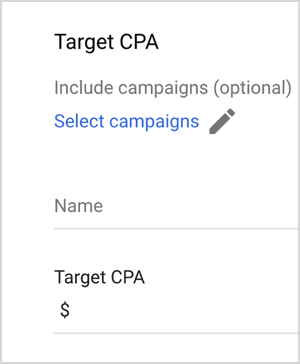 Dette er et screenshot af indstillingerne for Google Ads-mål-CPA. Disse muligheder er Inkluder kampagner (valgfrit), Vælg kampagner, Navn, Mål-CPA (med et tekstfelt til indtastning af en værdi). Mike Rhodes siger, at Google Ads-smarte budindstillinger som mål-CPA bruger kunstig intelligens til at styre budgivning.