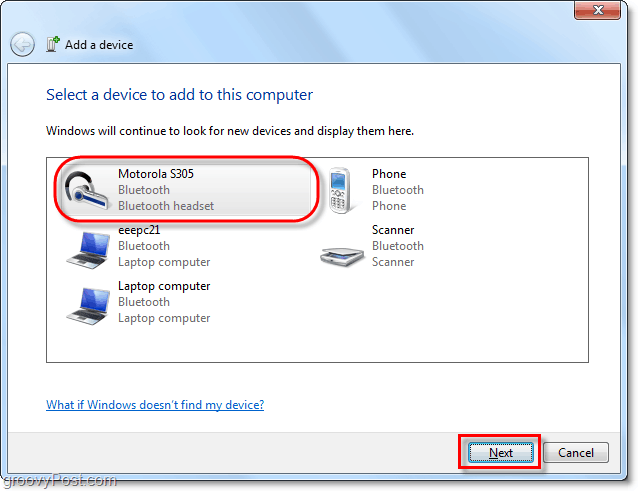 Klik på din Bluetooth-enhed fra Windows 7, tilføj en enhedsguide, og klik på Næste