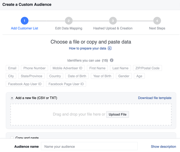Når du opretter en brugerdefineret Facebook-målgruppe fra din e-mail-liste, kan du forbedre din matchrate med yderligere identifikatorer.