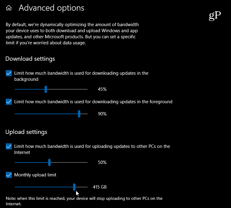 Windows 10 Sæt indstillinger for download og upload båndbredde