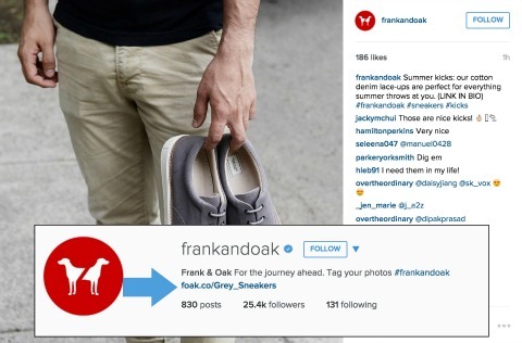 Frank og Oak eksempel på at tilføje links til din Instagram-biografi