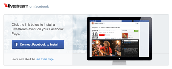 Klik på knappen Opret forbindelse til Facebook for at installere for at installere Livestream på din Facebook-side.