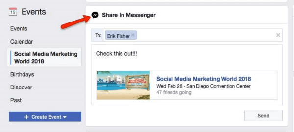 Facebook beder brugerne om at dele en begivenhed opdaget i Facebook med andre Messenger-brugere.