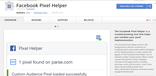 Installer Facebook Pixel Helper for at kontrollere, at din sporing fungerer.