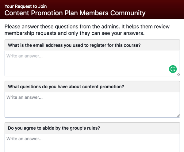 Bed potentielle Facebook-gruppemedlemmer om at besvare kvalificerende spørgsmål.
