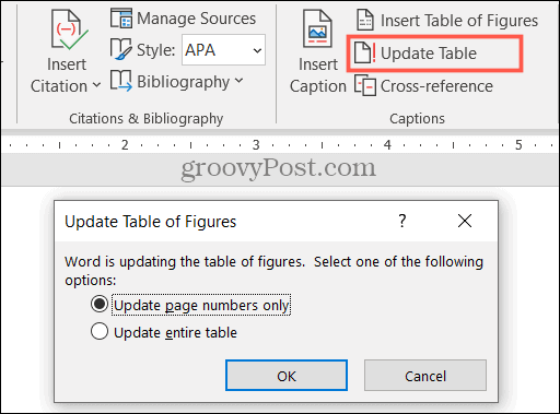 Opdater en tabel over figurer i Word
