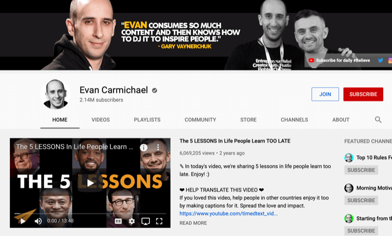 YouTube-kanalside for Evan Carmichael