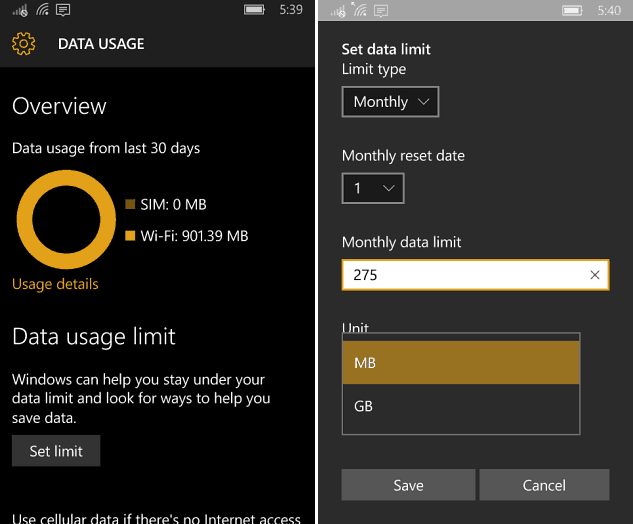 Dataanvendelse Windows 10 Mobile