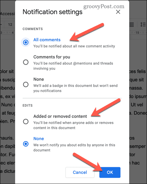 Indstil notifikationsindstillinger i Google Docs