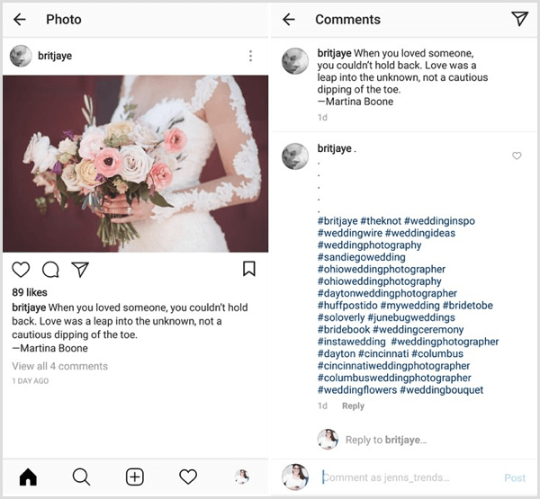 eksempel på Instagram-indlæg med en kombination af indhold, industri, niche og brand-hashtags
