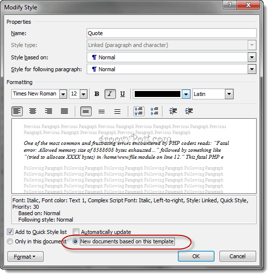 Tilpasset stil Tastaturgenveje Word 2010