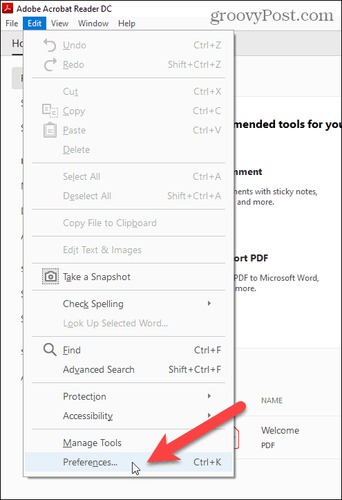Vælg Præferencer i menuen Rediger i Adobe Acrobat Reader