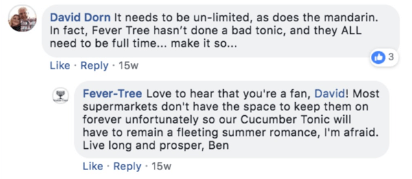 Eksempel på et febertræ, der reagerer på en kommentar til et Facebook-indlæg.