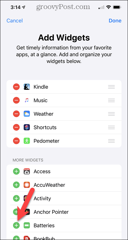 Føj batterier-widgetten til skærmen iPhone Widgets