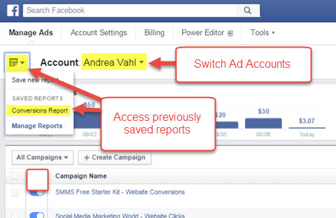 Facebook Ads Manager gemte rapporter
