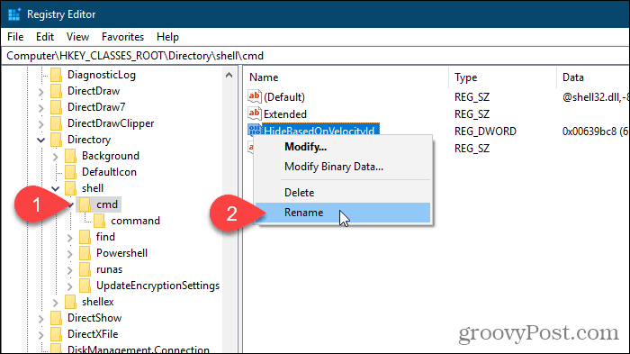 Vælg Omdøb til værdien HideBasedOnVelocityId i Windows Registry Editor
