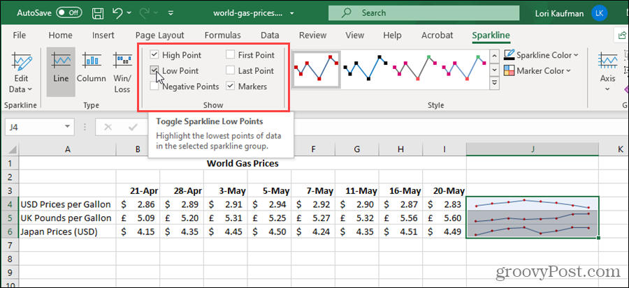 Vis indstillinger for Sparklines i Excel