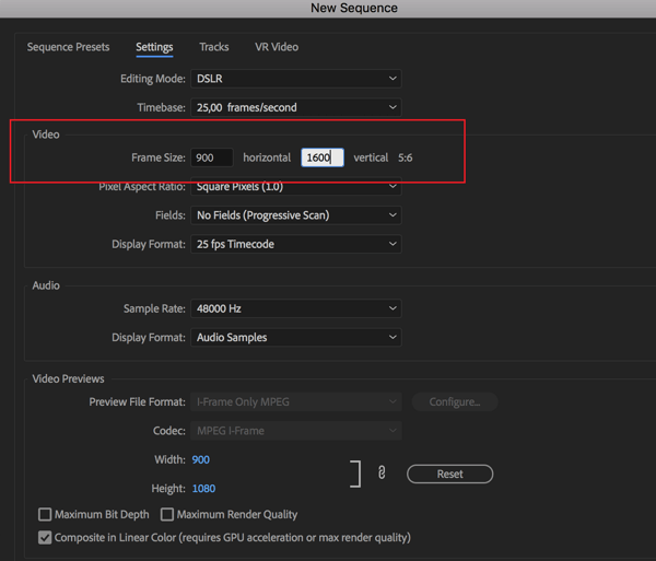 Mulighed for at indstille billedhastigheden for din sekvens i Adobe Premier Pro.