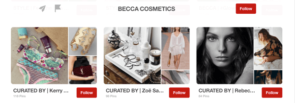 Eksempel på gæstebrædder på Pinterest kurateret af influencers for Becca Cosmetics.