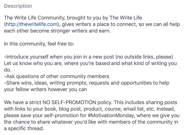 Sådan forbedres dit Facebook-gruppesamfund, eksempel på Facebook-gruppebeskrivelse og regler fra The Write Life Community
