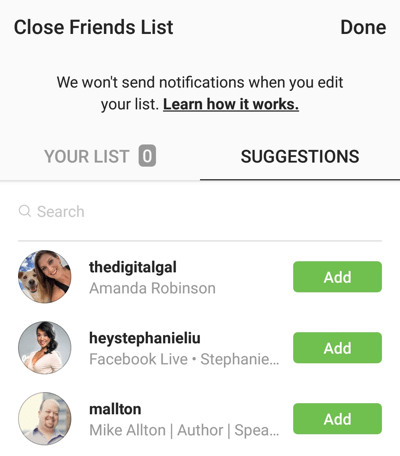 Mulighed for at klikke på Tilføj for at tilføje en ven til din Lukke venneliste på Instagram.