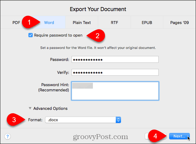 Eksporter dialogboksen Dokument i Pages til Mac