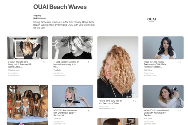 Eksempel på et tutorialboard på Pinterest, der viser OUAI-produkter.