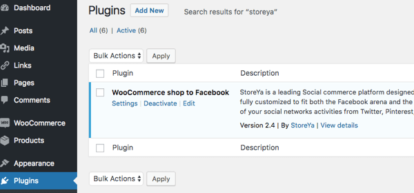 Du ved, at pluginet er aktiveret, når WooCommerce Shop til Facebook vises under Installerede plugins.