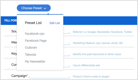 Google URL Builder Chrome-forudindstillinger