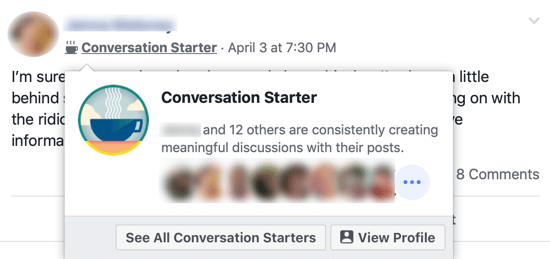Sådan forbedres dit Facebook-gruppesamfund, eksempel på Facebook-gruppebadget 'Conversation Starter' ud for gruppemedlemmernes navn og pop op-vinduet, der identificerer andre gruppemedlemmer, der deler det badge