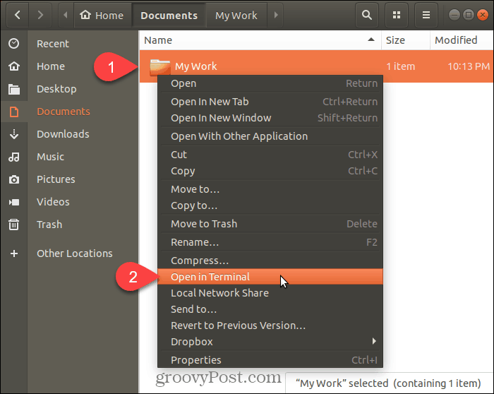 Vælg Åbn i terminal i Ubuntu Linux