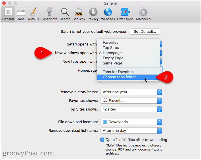 Vælg Vælg faneblad-mappe til Nye vinduer, der er åbne med indstilling i Safari på Mac