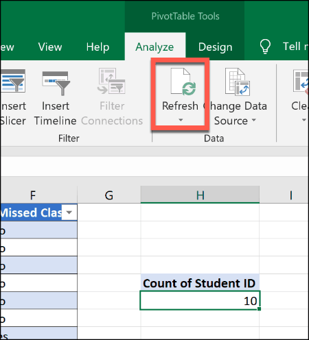 Opfriskning af en pivottabel i Excel