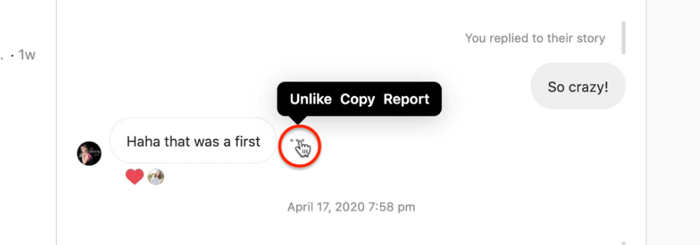 Direkte beskeder ikon med tre prikker for modtaget besked med menupunkter, der viser muligheder for ulig, kopi og rapport